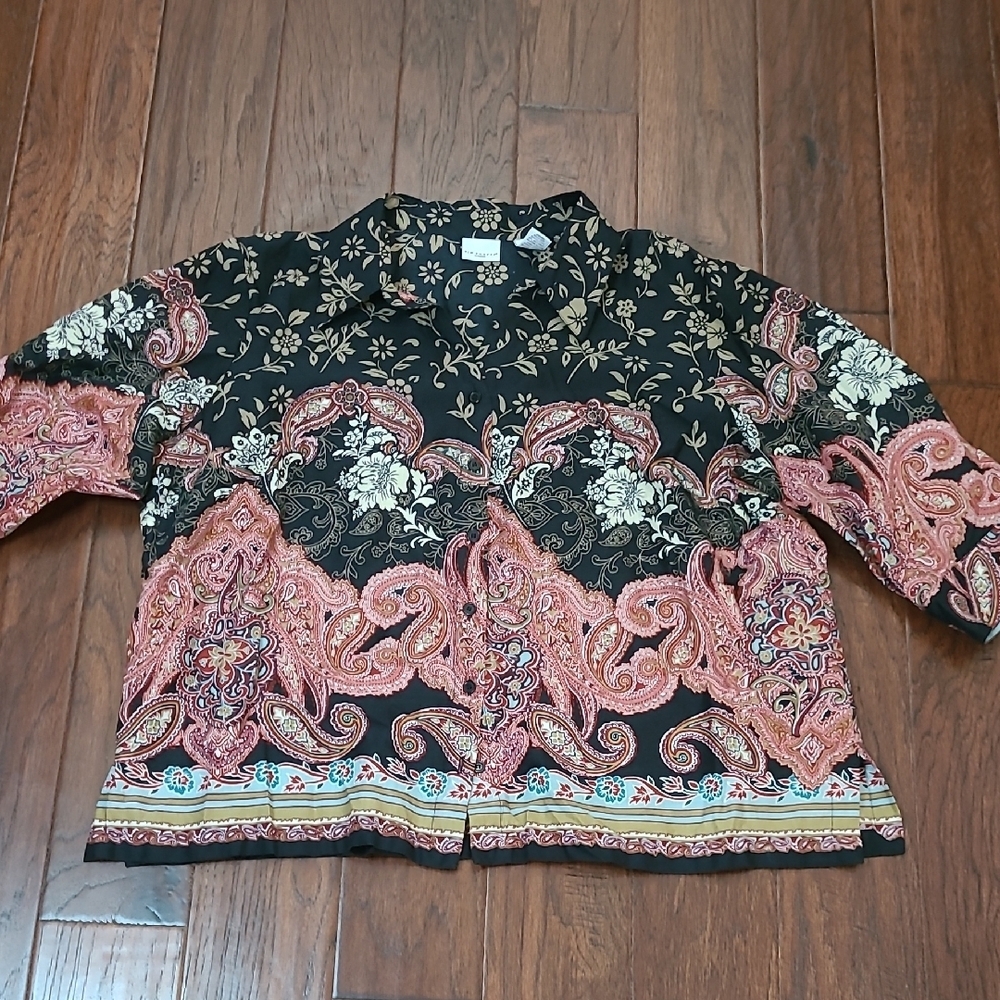 Kim Rogers Black Colorful Paisley Button-up 3/4 Length Sleeve Blouse size 3X